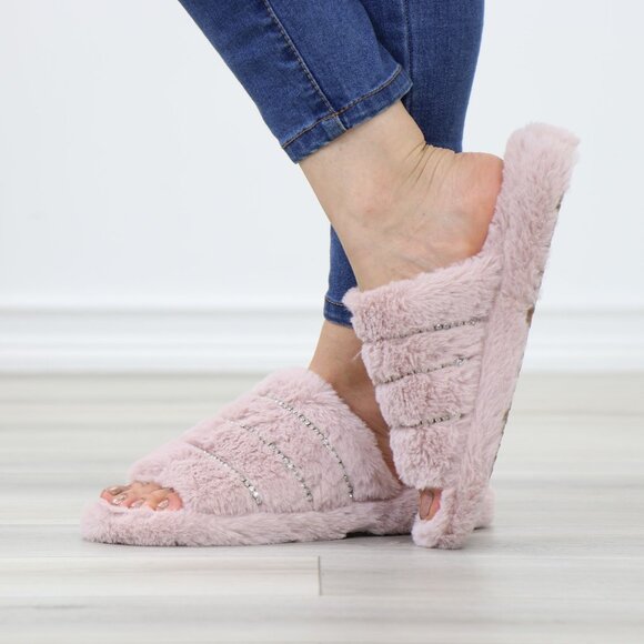 Pink Puff Fuzzy Furry Fluffy Slip On Plush Slippers Diamond Accents - Picture 12 of 16